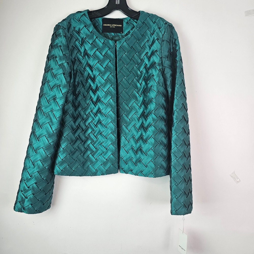 Amanda Uprichard NWT $282 Pierina Satin Jacket Green Basketweave Open Front M